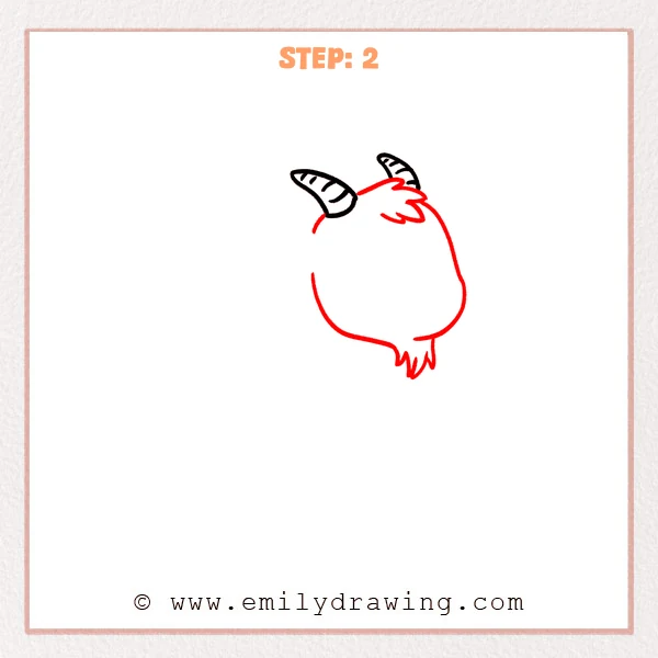 how to draw a cartoon goat - A cartoon goat drawing with two striped horns, a fluffy hair tuft between them, a rounded head outline, and a small pointed beard at the chin.